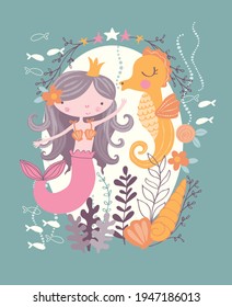 Mermaid and Sea horse. Fashion kids print with mermaid. Vector hand drawn illustration.