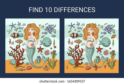 Mermaid sea illustration. Find 10 differences. Educational funny game for children. Puzzle for children, kid. Print and play. Cartoon vector illustration.