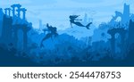 Mermaid sea landscape. Atlantis underwater ancient ruins, mystical ocean fantasy world with coral reef and marine life. Layered silhouette vector background illustration.