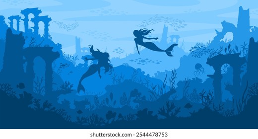 Mermaid sea landscape. Atlantis underwater ancient ruins, mystical ocean fantasy world with coral reef and marine life. Layered silhouette vector background illustration.