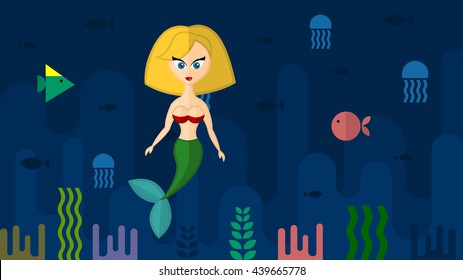 Mermaid. Sea life. Underwater world. Fish, jellyfish, sea bottom, backwaters ship, algae, treasure. Vector flat illustrations and icon set.