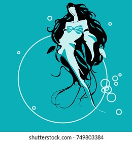  Mermaid in the sea Nature. Abstract black ink Vector girl silhouette. long black hairs. woman figure for beauty spa salon. Shampoo logo. Hair care