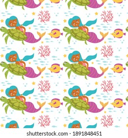 Mermaid sea pattern with turtle and fish. Marine and ocean seamless pattern for kids.Vector flat modern graphics