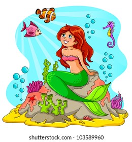 mermaid in the sea (vector version. mermaid and rock are detached and each them is grouped separately)