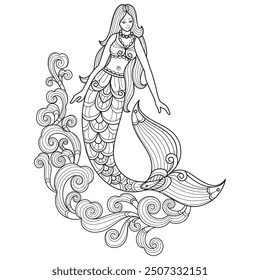 Mermaid and sea waves hand drawn for adult coloring book