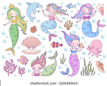 Mermaid. Sea world little mermaids, cute mythical princess and dolphin, seashell and seaweeds, fishes for print books, game or inviting card vector nautical characters