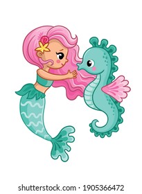 Mermaid and seahorse on a white background. Vector illustration with cute animals in cartoon style.