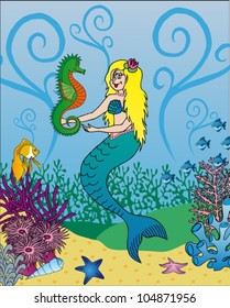 Mermaid and seahorse - vector illustration.
