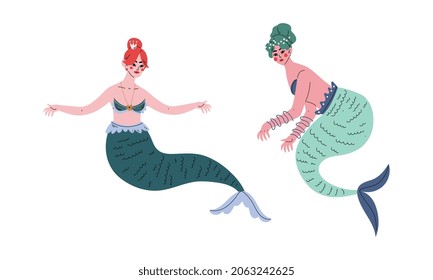 Mermaid or Seamaid with Lush Hair Floating Underwater Vector Set