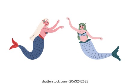 Mermaid or Seamaid with Lush Hair Floating Underwater Vector Set