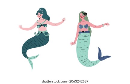 Mermaid or Seamaid with Lush Hair Floating Underwater Vector Set