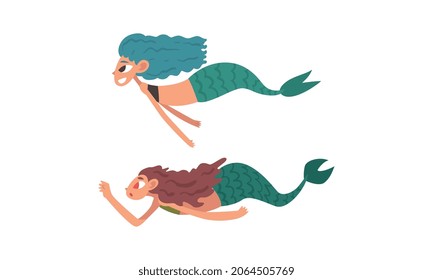 Mermaid or Seamaid with Lush Hair Floating Underwater Vector Set