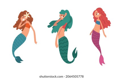 Mermaid or Seamaid with Lush Hair Floating Underwater Vector Set