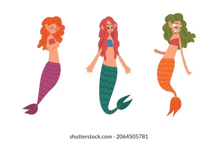 Mermaid or Seamaid with Lush Hair Floating Underwater Vector Set