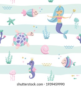 Mermaid seamless pattern background. Cute cartoon sea life characters. Vector illustration