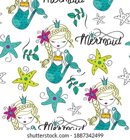 Mermaid seamless pattern. Can be used for textile,  background, book cover, packaging