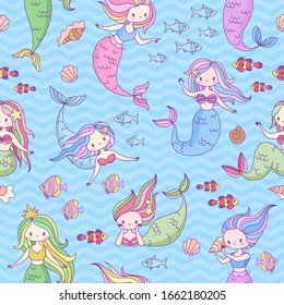 Mermaid seamless pattern. Cute little mermaids and underwater world design for wallpaper, fabric print, children book, fashion clothes vector texture