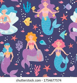 Mermaid seamless pattern. Cute little princesses, siren and sea creatures such as starfish, fish, corals underwater world for wallpaper, fabric print fashion vector background. Fairy tale character.