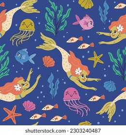 Mermaid seamless pattern. Cute mermaid swimming in the sea with seaweed, jellefish and fish. Isolated elements on blue background. Hand-drawn vector illustration.