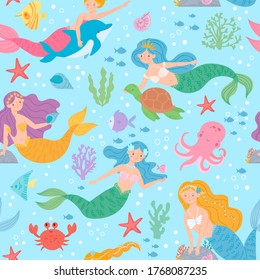 Mermaid seamless pattern. Fairytale princesses and sea creatures underwater world design for wallpaper, fabric print fashion vector texture. Marine life with turtle, octopus, crab and starfish