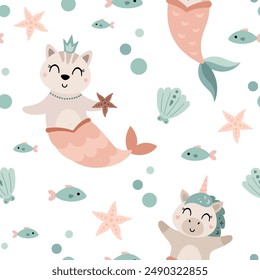 Mermaid seamless pattern in flat style. Sea digital paper. Ocean scrapbooking paper, background, print. Hand drawn vector pattern
