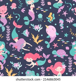 Mermaid seamless pattern. Narwhal and turtle, cartoon cat with fish tail. Cute sea creature, fabric print with beautiful mythical creatures, nowaday vector background