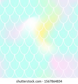 Mermaid seamless pattern on pastel blurred background. Fish scale pattern tile. Mint and pink abstract print for summer textile design. Unicorn or mermaid wrapping paper. Soft color mesh template