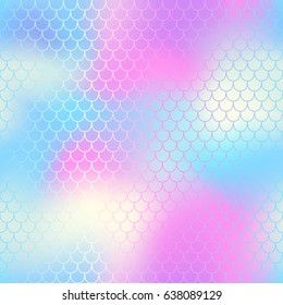 Mermaid seamless pattern vector background. Mermaid tail with fish scale seamless pattern for packaging or surface design. Fantastic nautical seamless background for nursery design. Colorful mesh tile