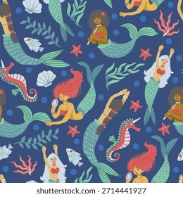 Mermaid seamless pattern vector illustration set with ocean elements, playful characters, sea fantasy decor