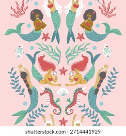 Mermaid seamless pattern vector illustration set with ocean elements, playful characters, sea fantasy decor