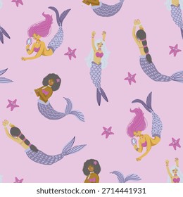 Mermaid seamless pattern vector illustration set with ocean elements, playful characters, sea fantasy decor