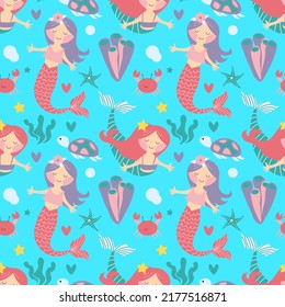 Mermaid seamless pattern. Vector illustrations of cute fantastic girls characters in a simple hand-drawn cartoon style surrounded by marine life, corals, seashells, algae. Colorful palette EPS