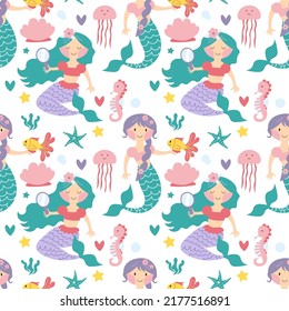 Mermaid seamless pattern. Vector illustrations of cute fantastic girls characters in a simple hand-drawn cartoon style surrounded by marine life, corals, seashells, algae. Colorful palette EPS