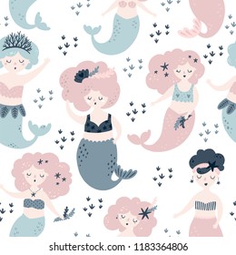 Mermaid seamless pattern Vector print with cute girls Pastel colors Kids background