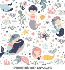 Mermaid seamless pattern Vector print with cute girls. Pastel colors. Kids background