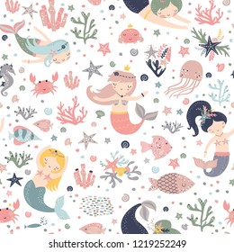 Mermaid seamless pattern Vector print with cute girls. Pastel colors. Kids background