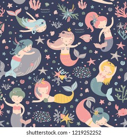 Mermaid seamless pattern Vector print with cute girls. Pastel colors. Kids background