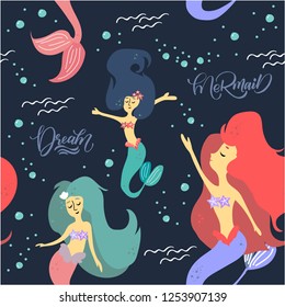 Mermaid seamless pattern Vector print with cute girls Pastel colors Kids background