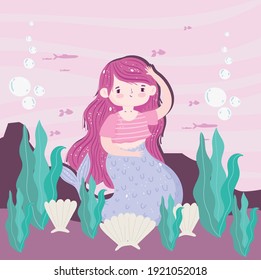 Mermaid seashells seaweeds bottom ocean vector illustration cartoon