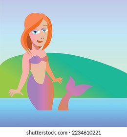 Mermaid seating on the beach. Cartoon character.