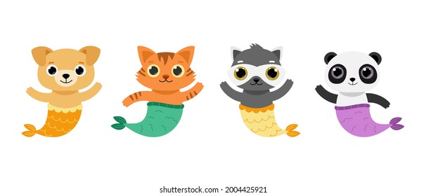 mermaid set cute animals with big eyes