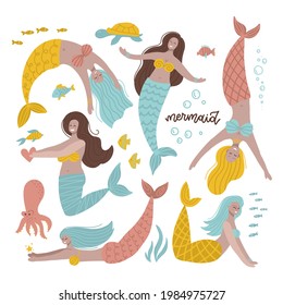 Mermaid set with marine inhabitants and fishes, Hand drawn vector flat illustration.