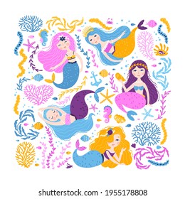 Mermaid set in a square frame. Vector illustrations of cute fantastic girls characters in a simple hand-drawn cartoon style surrounded by marine life, corals, seashells, algae. Colorful palette