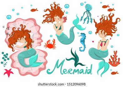 Mermaid set of three mermaids, underwater animals and algae.