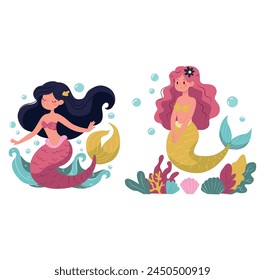 mermaid set, vector illustration, children artworks, wallpapers, posters, greeting cards prints.