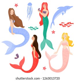 Mermaid sey with marine inhabitants vector illustration flat desing