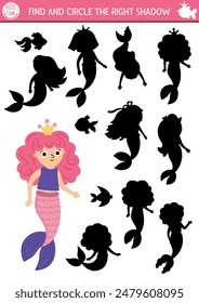 Mermaid shadow matching activity with sea princess. Fairytale ocean kingdom puzzle with cute girl with tail. Find correct silhouette printable worksheet, game. Marine page for kids. Find right shadow