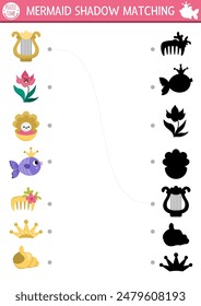 Mermaid shadow matching activity with sea princess accessory. Fairytale ocean kingdom puzzle with cute comb, fish, seashell. Find correct silhouette printable worksheet. Marine page for kids
