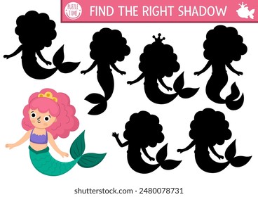 Mermaid shadow matching activity with sea princess. Fairytale ocean kingdom puzzle with cute girl with tail. Find correct silhouette printable worksheet, game. Marine page for kids. Find right shadow