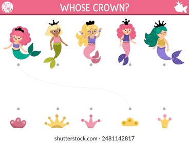 Mermaid shadow matching activity with sea princesses. Fairytale ocean kingdom puzzle with cute girl. Find correct silhouette printable worksheet, game. Marine page for kids. Spot missing crown
